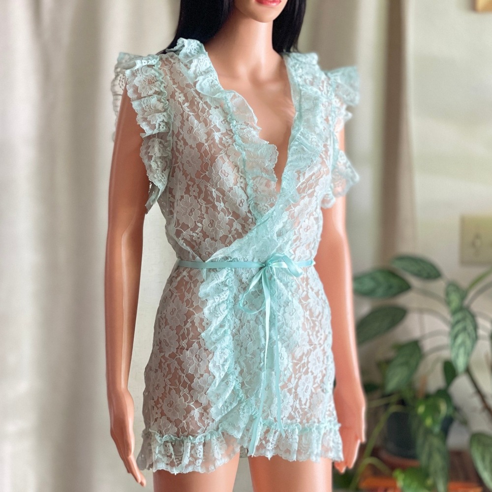 Vtg 70s Val Mode Mint Blue Floral Lace Ruffle Babydoll Robe Coquette Fairycore M